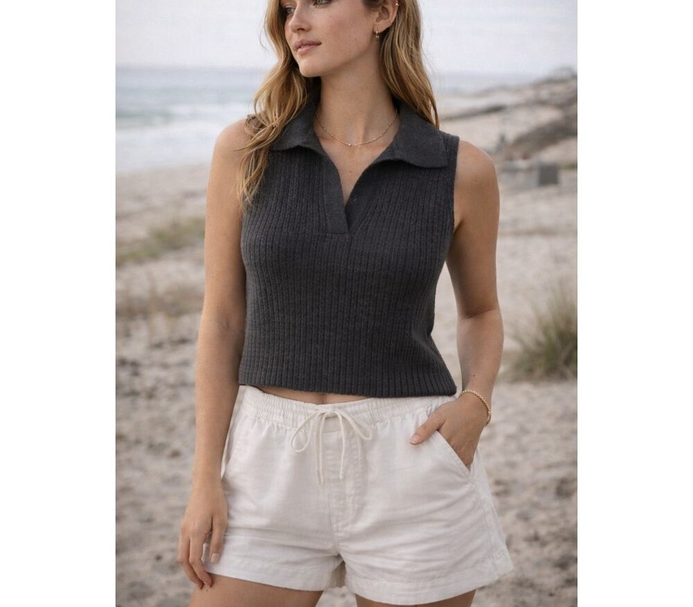 Marine Layer Top Womens Small Sleeveless Ribbed Knit Gray Coastal Summer